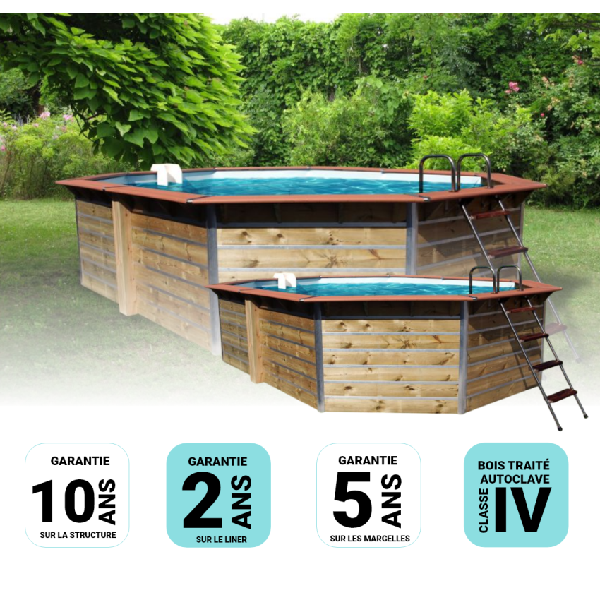 Piscine bois Octogonale Allongée LUCON 590x420x111cm Liner bleu