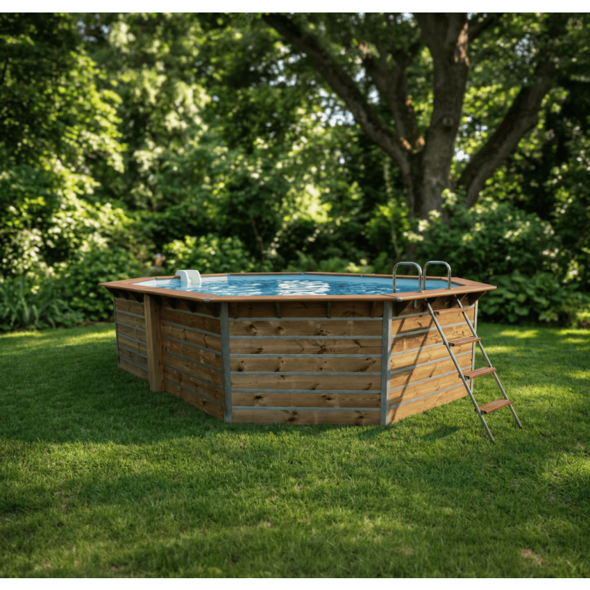Piscine bois Octogonale Allongée FUGUA 590x420x129cm Liner bleu
