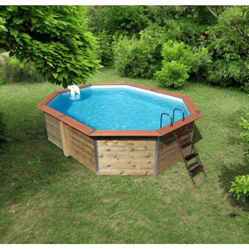 Piscine bois Octogonale Allongée FUGUA 590x420x129cm Liner bleu