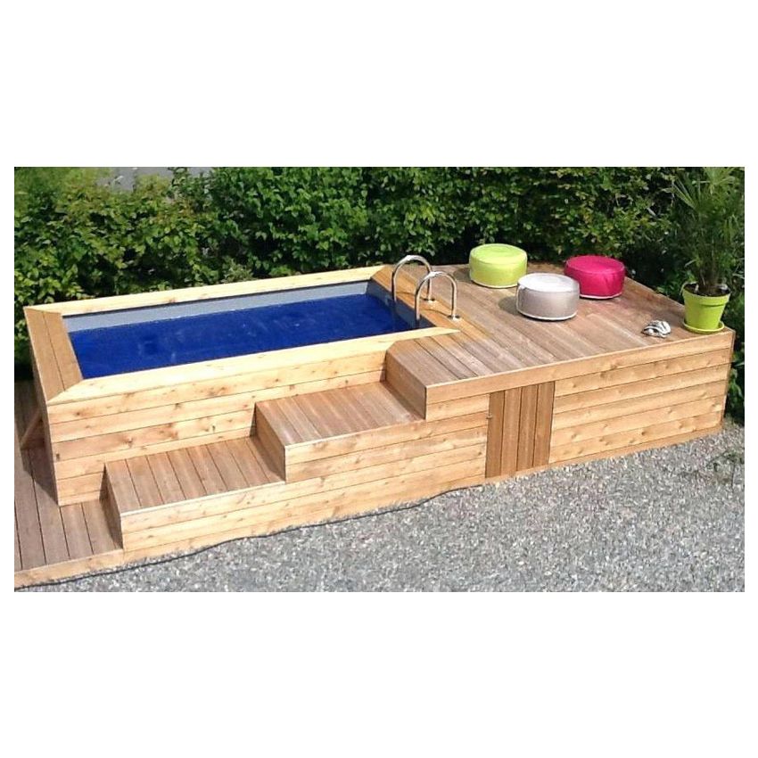 Piscine Bois Luxe Rectangulaire avec Plage Immergée + escalier 470x270x145cm