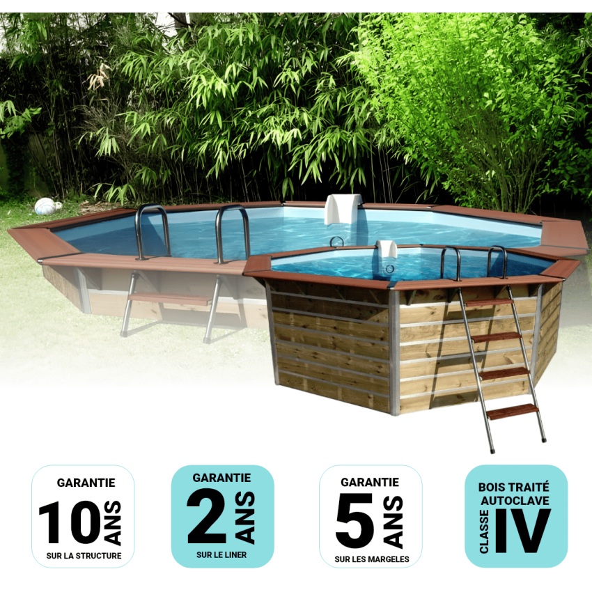 Piscine bois Octogonale CLEOFAS Ø460x129cm Liner bleu