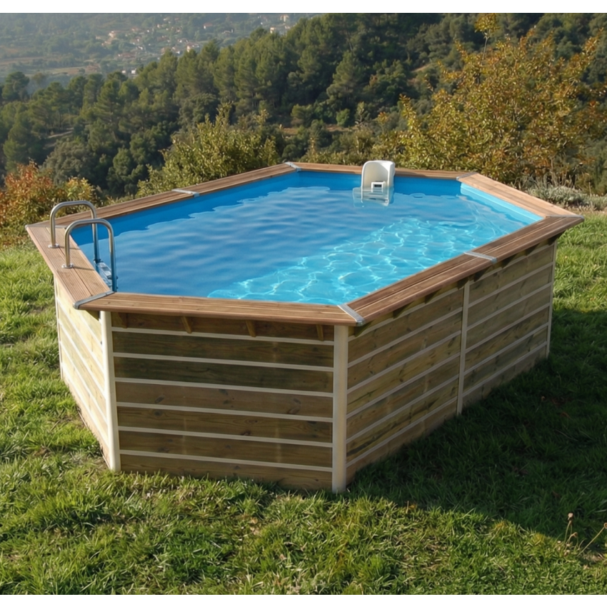 Piscine bois Octogonale Allongée SABTANG 510x320x129cm Liner bleu