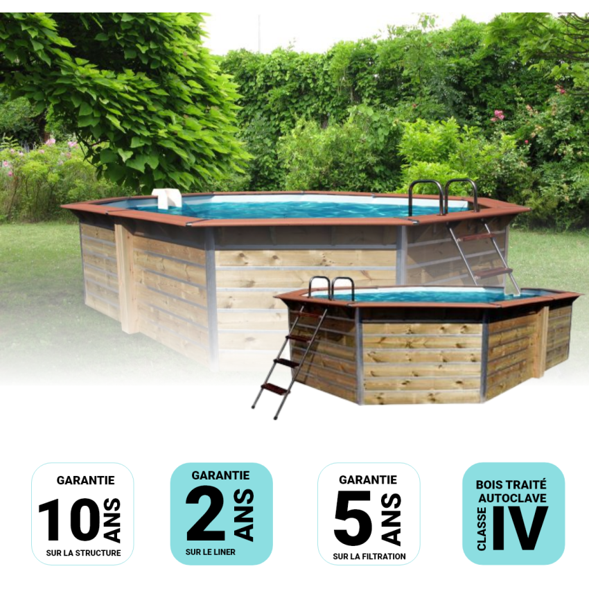 Piscine bois Octogonale Allongée FUGUA 590x420x129cm Liner bleu