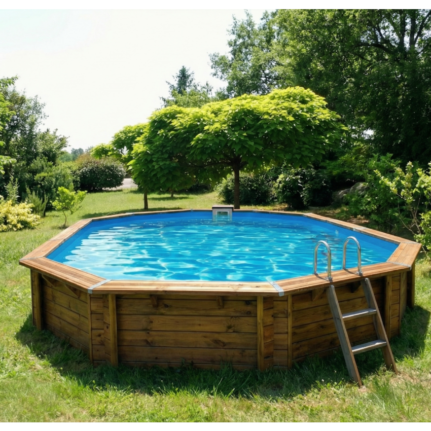 Piscine bois Octogonale Allongée CALAYAN  890x420x129cm Liner Bleu