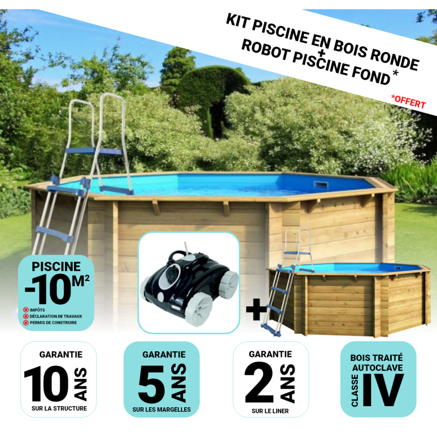 Piscine bois Hexagonale 395x117cm Liner bleu +Robot de Piscine 