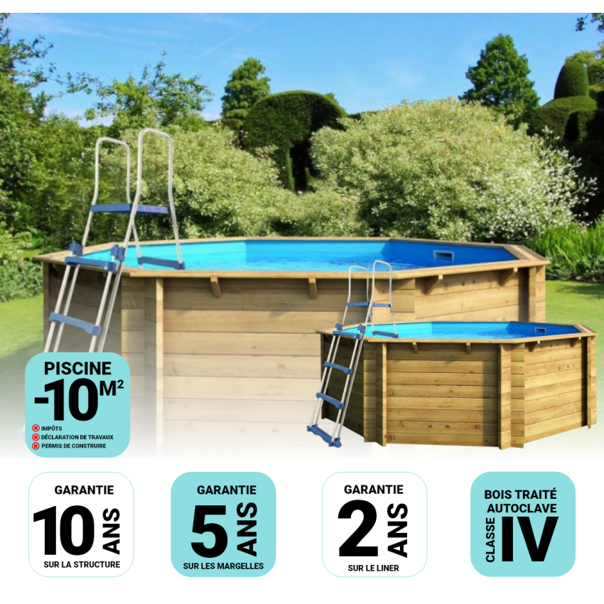 Piscine bois Hexagonale 395x117cm Liner bleu