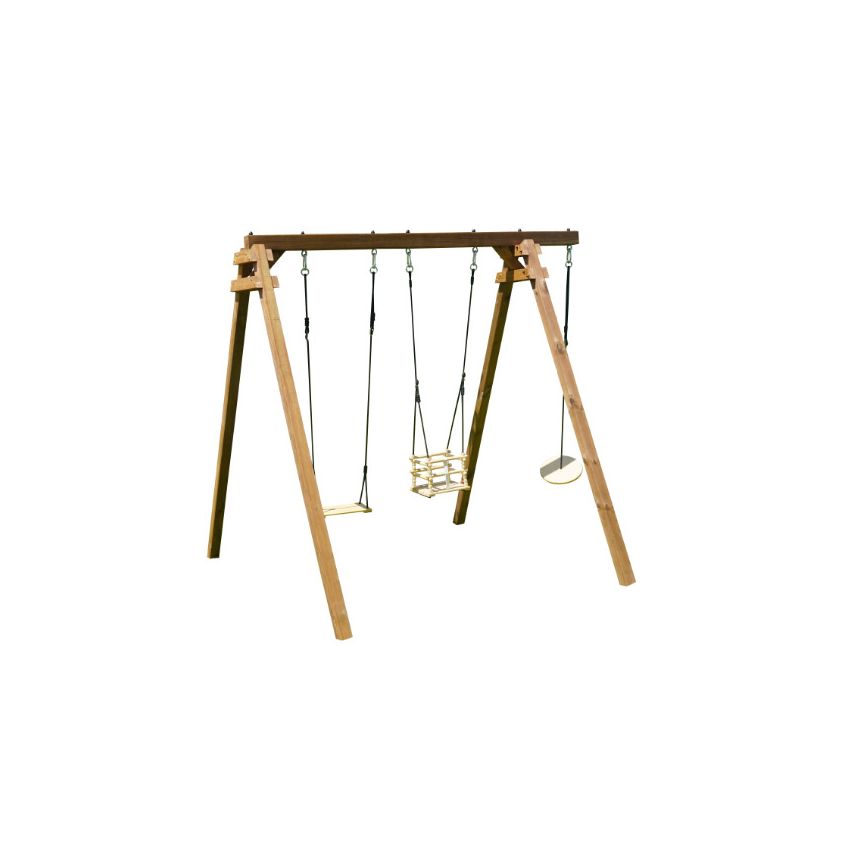 Portique en bois ULYSSE :  1 balançoire, 1 siège bébé et 1 disque L240xl207xH224cm