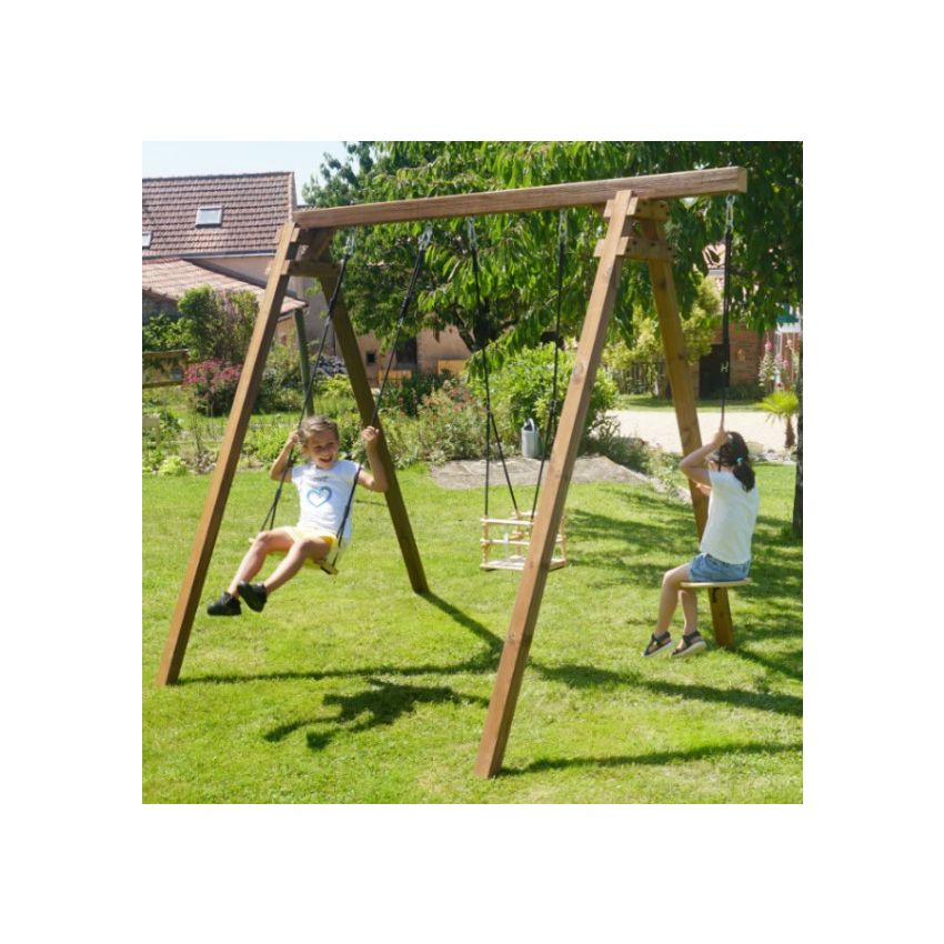 Portique en bois ULYSSE :  1 balançoire, 1 siège bébé et 1 disque L240xl207xH224cm