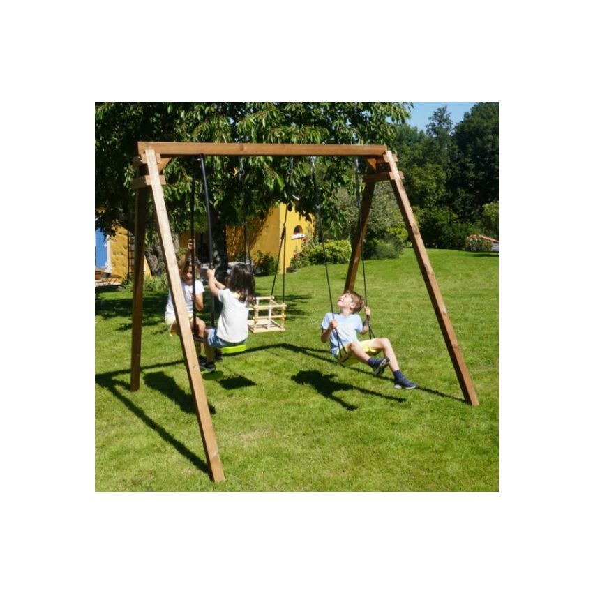 Portique en bois PIERRE :  1 balançoire, 1 siège bébé et 1 vis-à-vis L240xl207xH224cm