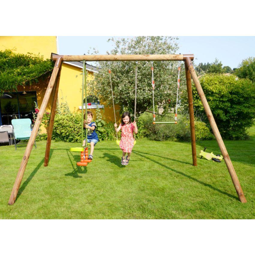 Portique en bois GABIN:  2 balançoires, 1 échelle et 1 vis-à-vis L318xl189xH222cm