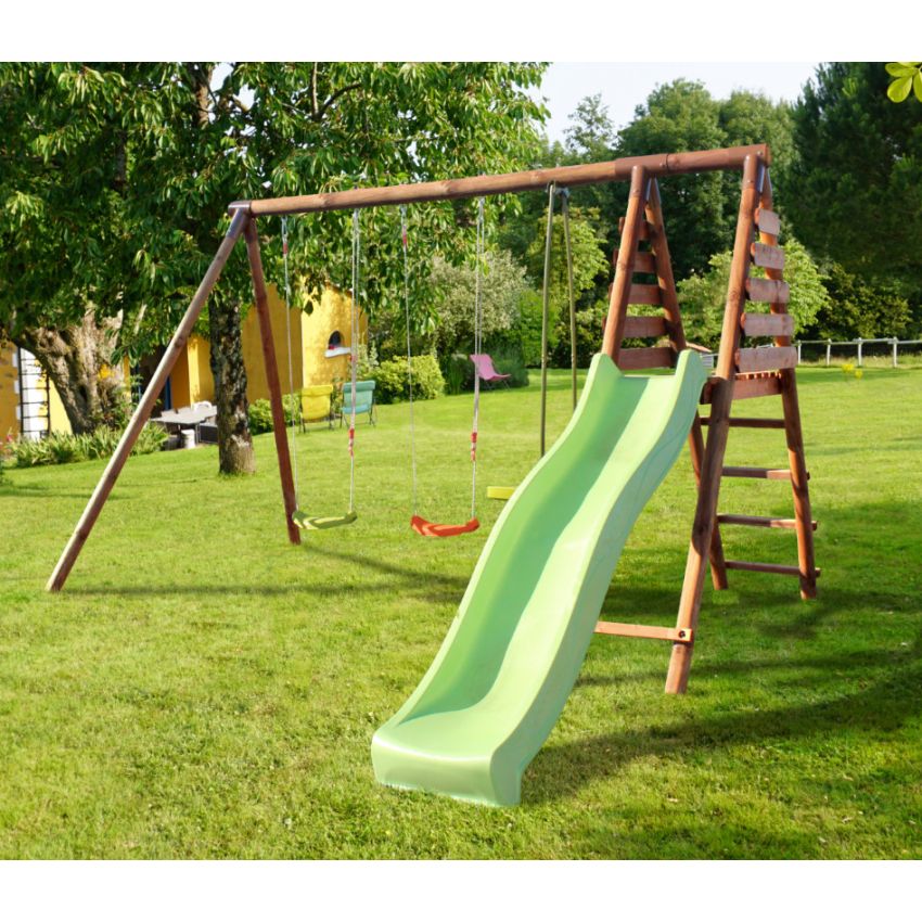 Portique en bois VIOLETTE avec toboggan, 2 balançoires et 1 vis-à-vis L323xl354xH222cm