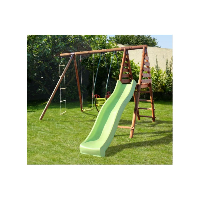 Portique en bois LAVANDE avec toboggan, 1 balançoire, 1 échelle et 1 balancelle L343xl354xH222 cm