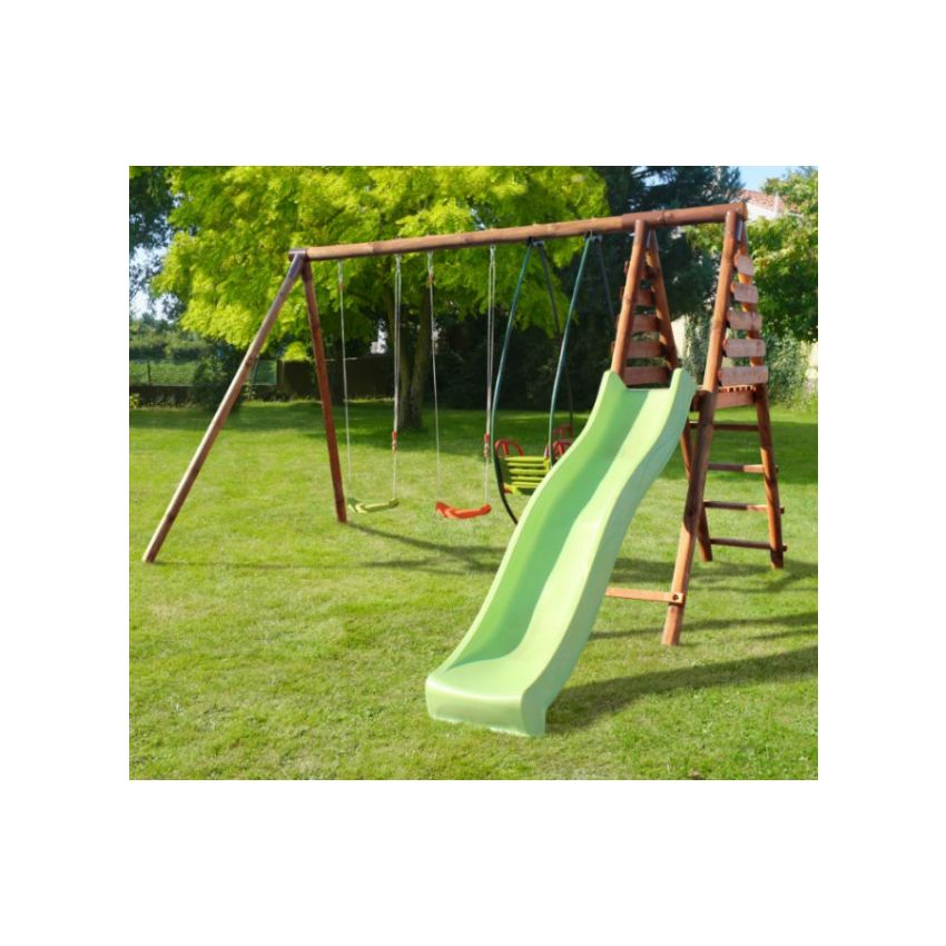Portique en bois NARCISSE avec toboggan, 2 balançoires et 1 balancelle L344xl354xH222 cm