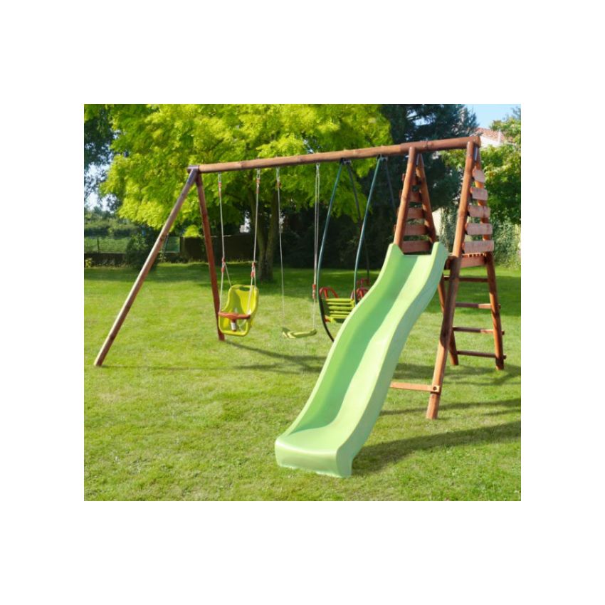 Portique en bois COLZA avec toboggan, 1 balançoire, 1 siège bébé et 1 balancelle L344xl354xH222 cm