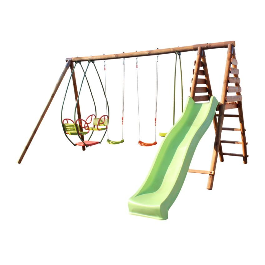 Portique en bois JACINTHE avec toboggan, 2 balançoires, 1 vis-à-vis et 1 balancelle L394xl354xH222 cm
