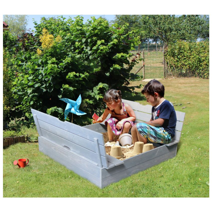 Bac à sable en bois lasure taupe + bancs  - Soulet