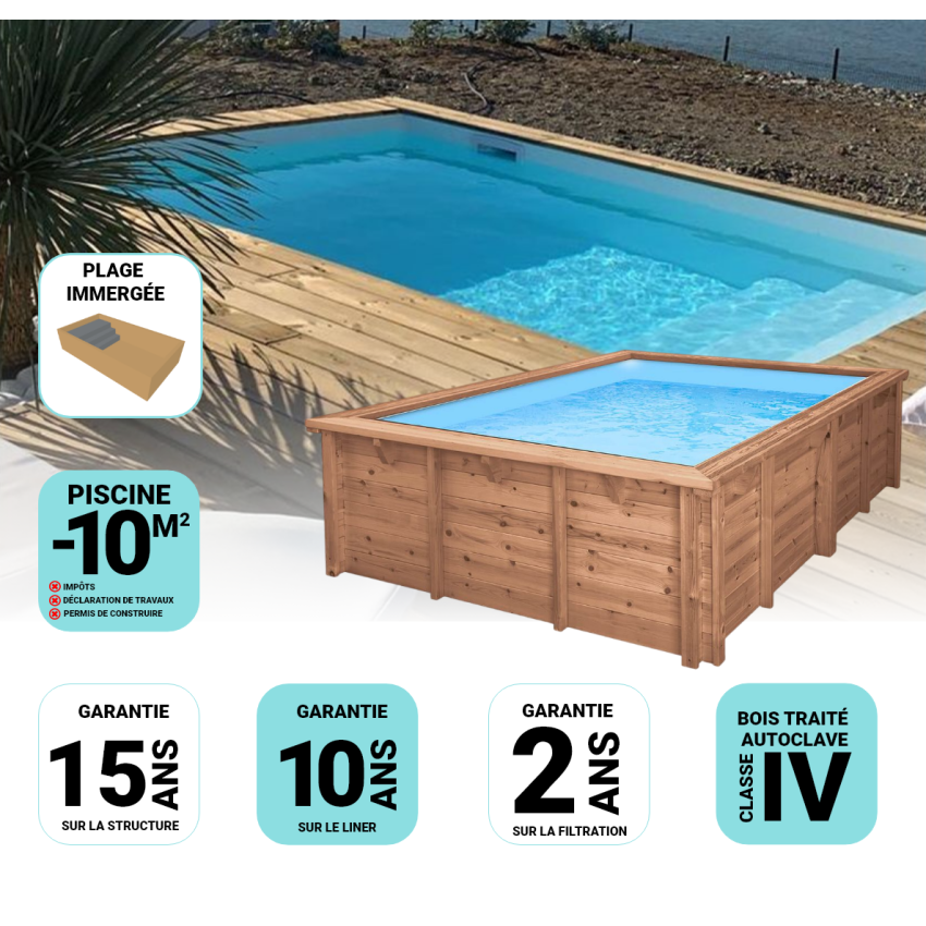 Piscine Bois Luxe Rectangulaire avec Plage immergée + escalier 420x320x131cm
