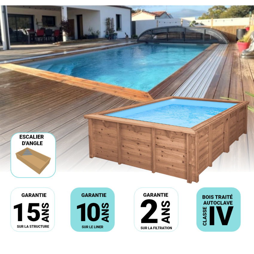Piscine Bois Luxe Rectangulaire avec Escalier d'angle 620x420x130cm