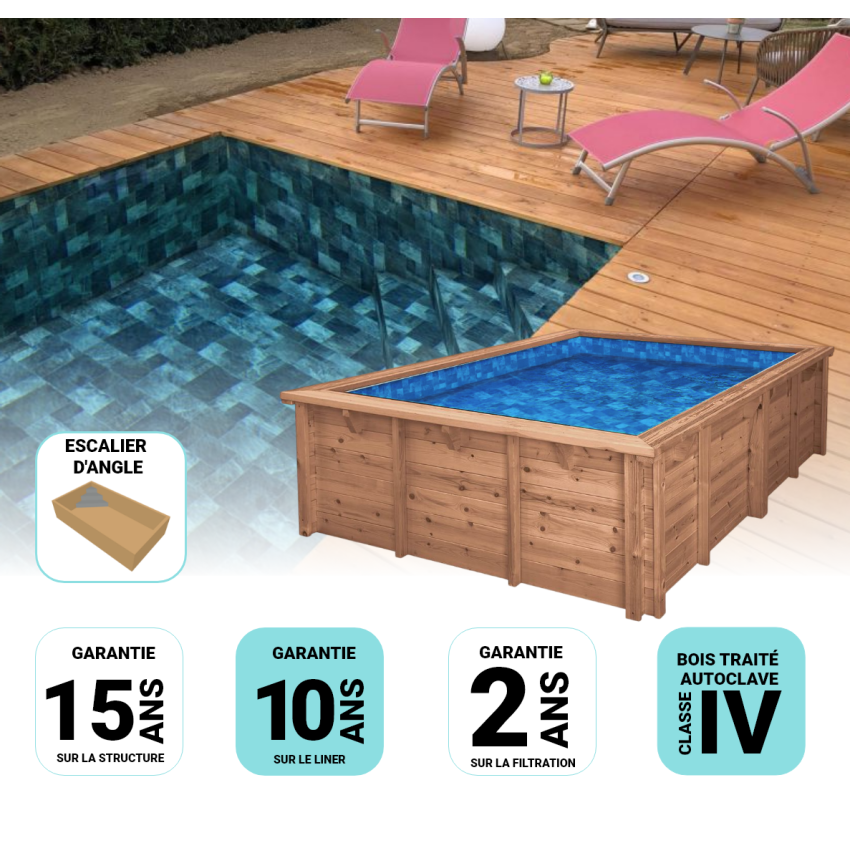 Piscine Bois Luxe Rectangulaire avec Escalier d'angle 620x420x130cm Pierre de Bali