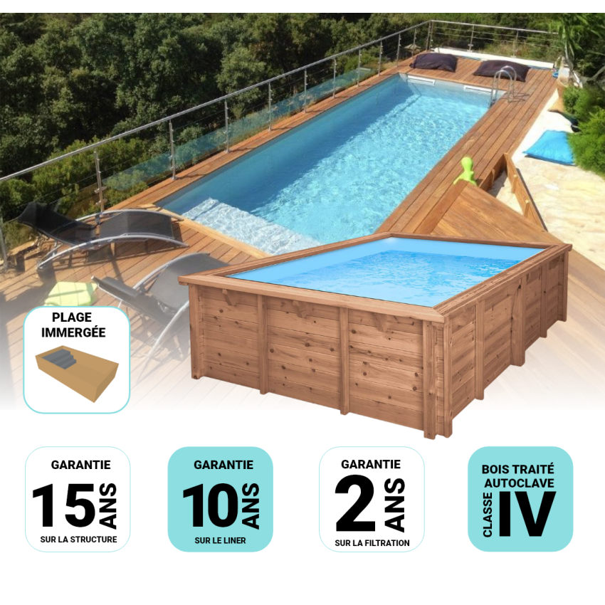 Piscine Bois Luxe Rectangulaire avec Plage immergée + Escalier 620x420x130cm