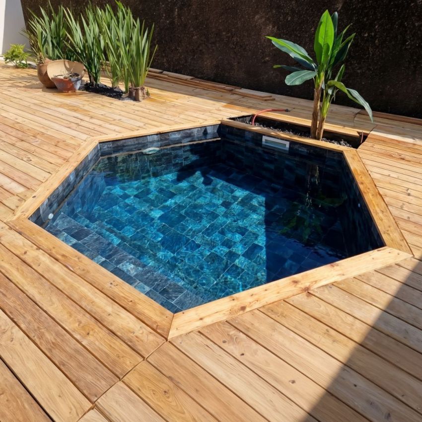 Piscine Bois Spark Ronde Hexagonale avec Escalier ⌀395x115cm  Pierre de Bali