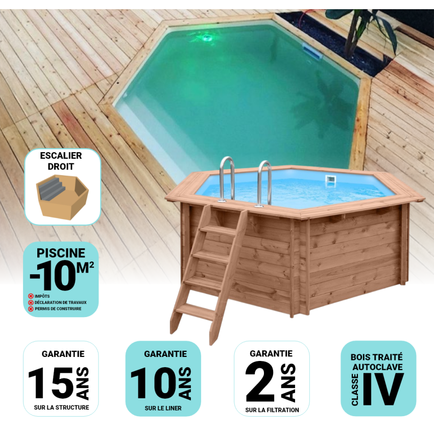 Piscine Bois Spark Ronde Hexagonale avec Escalier ⌀395x115cm