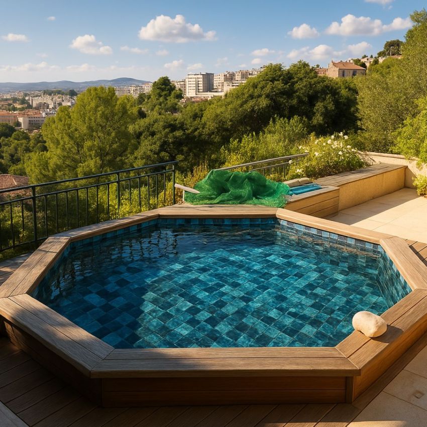 Piscine Bois Spark Ronde Hexagonale avec Plage immergée + Escalier ⌀395x115cm Pierre de Bali