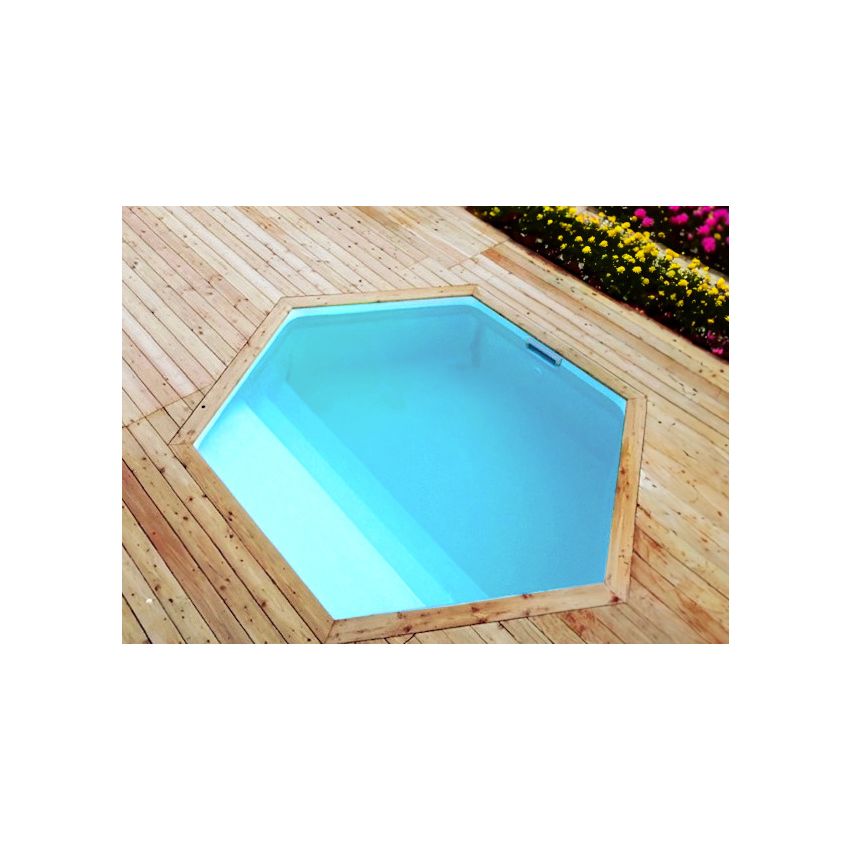 Piscine Bois Spark Ronde Hexagonale avec Plage immergée + Escalier ⌀395x115cm