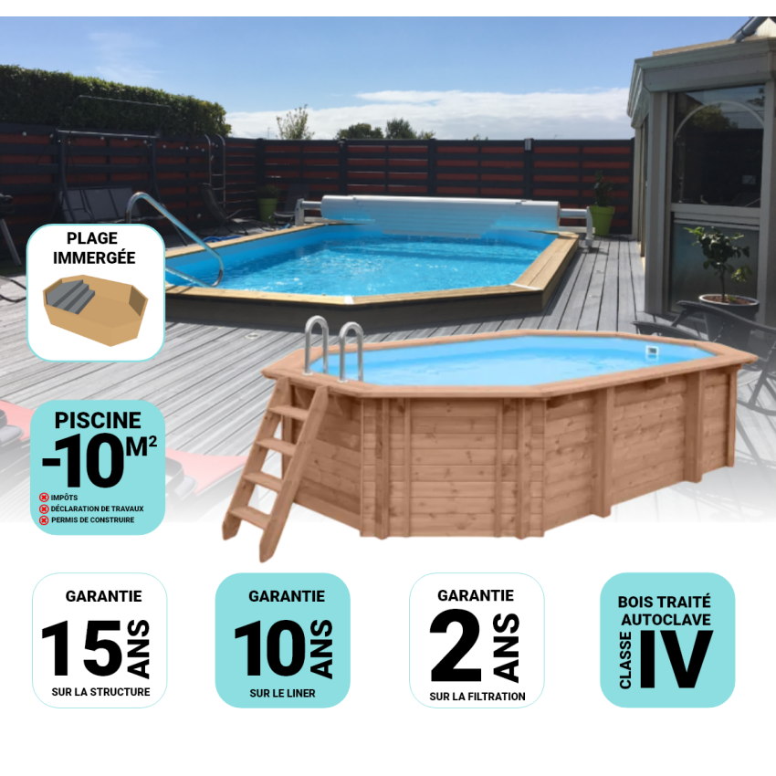 Piscine Bois Lucci Octogonale allongée avec Plage immergée + Escalier 415x265x131cm