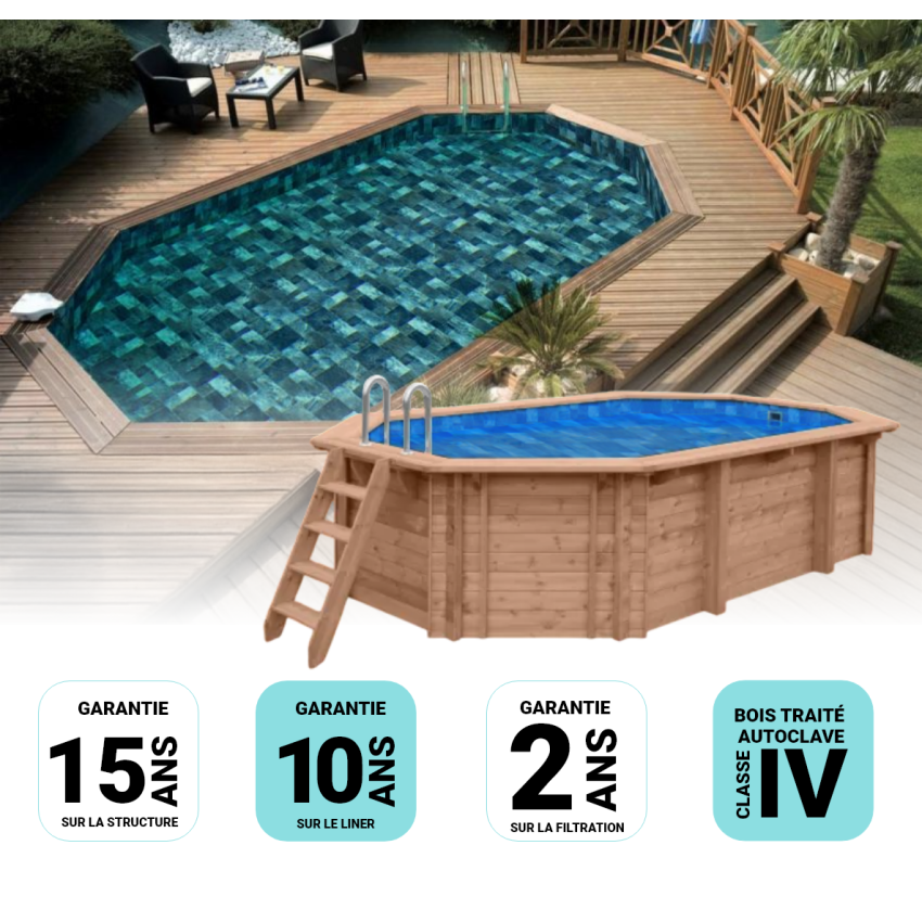 Piscine Bois Lola Octogonale Allongée 541x336x131cm Pierre de Bali