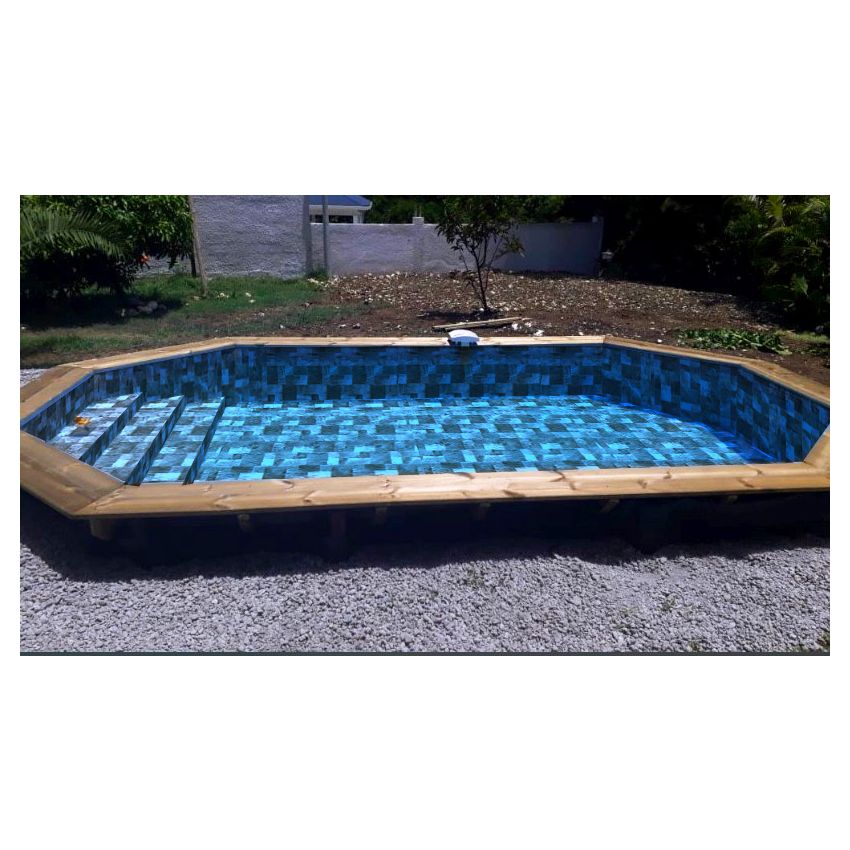 Piscine Bois Lola Octogonale Allongée avec Escalier 541x336x131cm Pierre de Bali