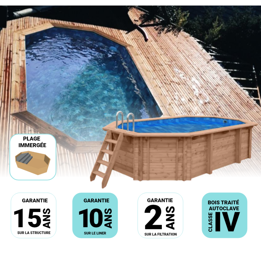 Piscine Bois d'Argent Octogonale Allongée avec Plage Immergée + Escalier 612x407x131cm Pierre de Bali