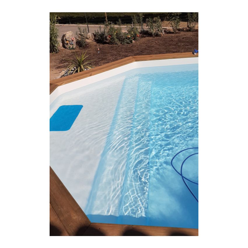 Piscine Bois d'Argent Octogonale allongée avec Plage Immergée + Escalier 612x407x131cm