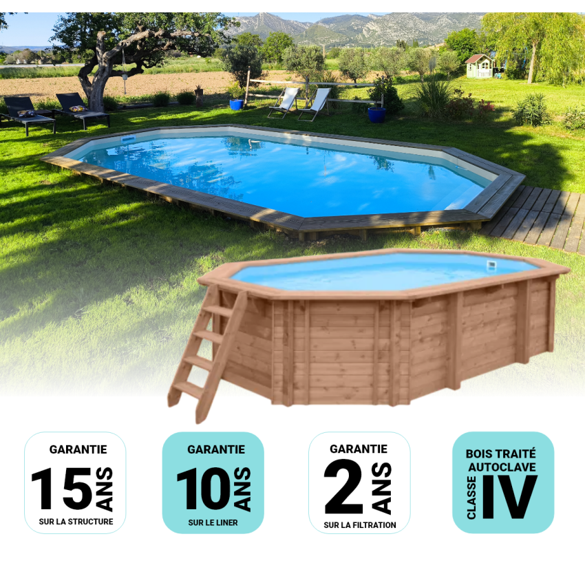 Piscine Bois Super Lucci Octogonale Allongée avec Escalier 807x457x131cm