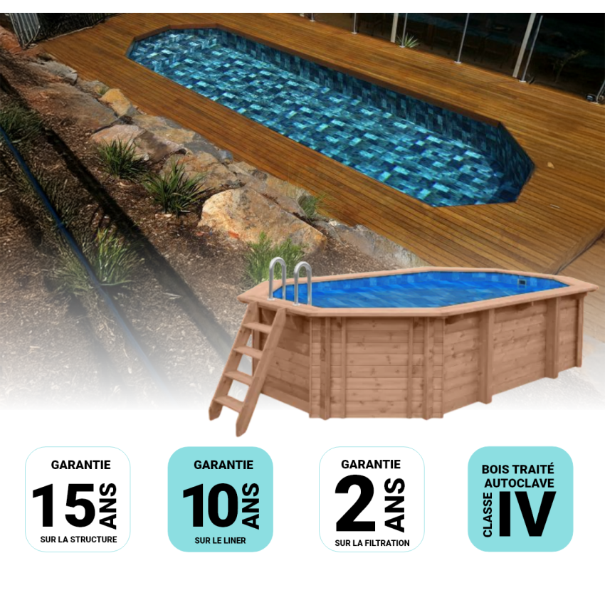 Piscine Bois Super Lucci Octogonale Allongée 807x457x131cm Pierre de Bali
