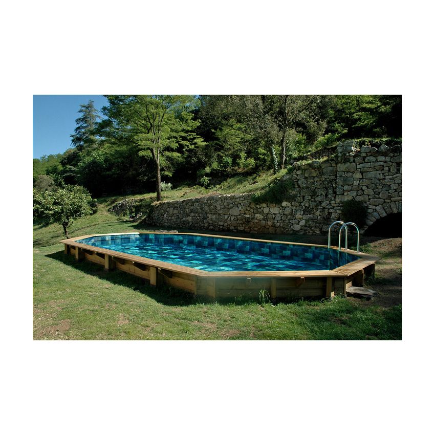 Piscine Bois Super Lucci Octogonale allongée avec Plage immergée + escalier 807x457x131cm Pierre de Bali