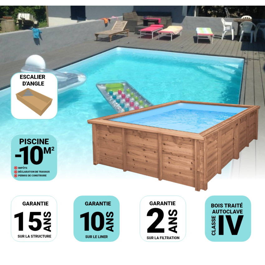 Piscine Bois Luxe Rectangulaire avec Escalier d'Angle 420x320x145cm