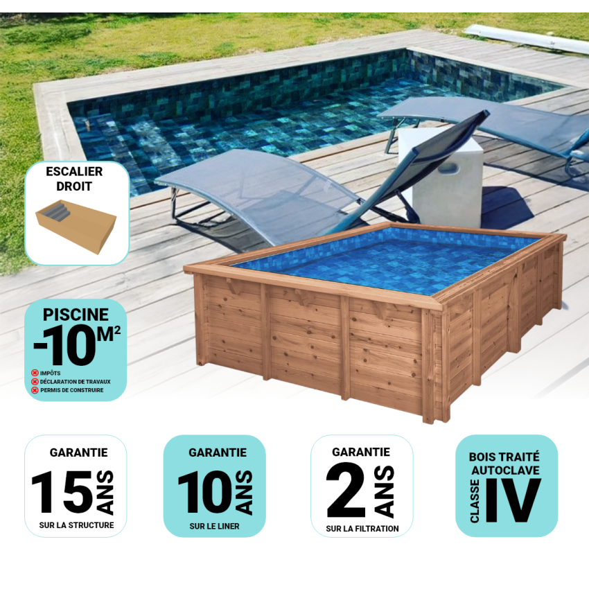 Piscine Bois Luxe Rectangulaire avec Escalier 420x320x145cm Pierre de Bali