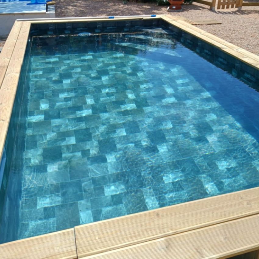 Piscine Bois Luxe Rectangulaire Luxe avec Escalier d'angle 470x270x145cm Pierre de Bali