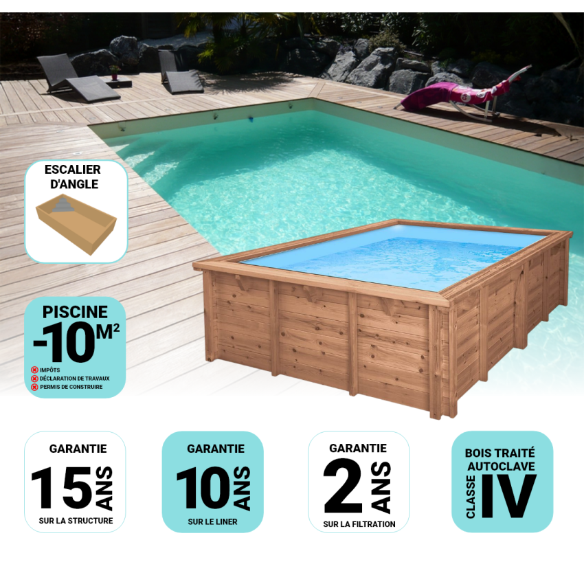 Piscine Bois Luxe Rectangulaire Luxe avec Escalier d'Angle 470x270x145cm