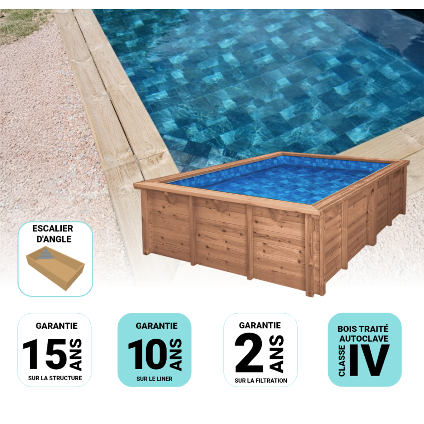 Piscine Bois Luxe Rectangulaire avec Escalier d'Angle 520x320x131cm Pierre de Bali