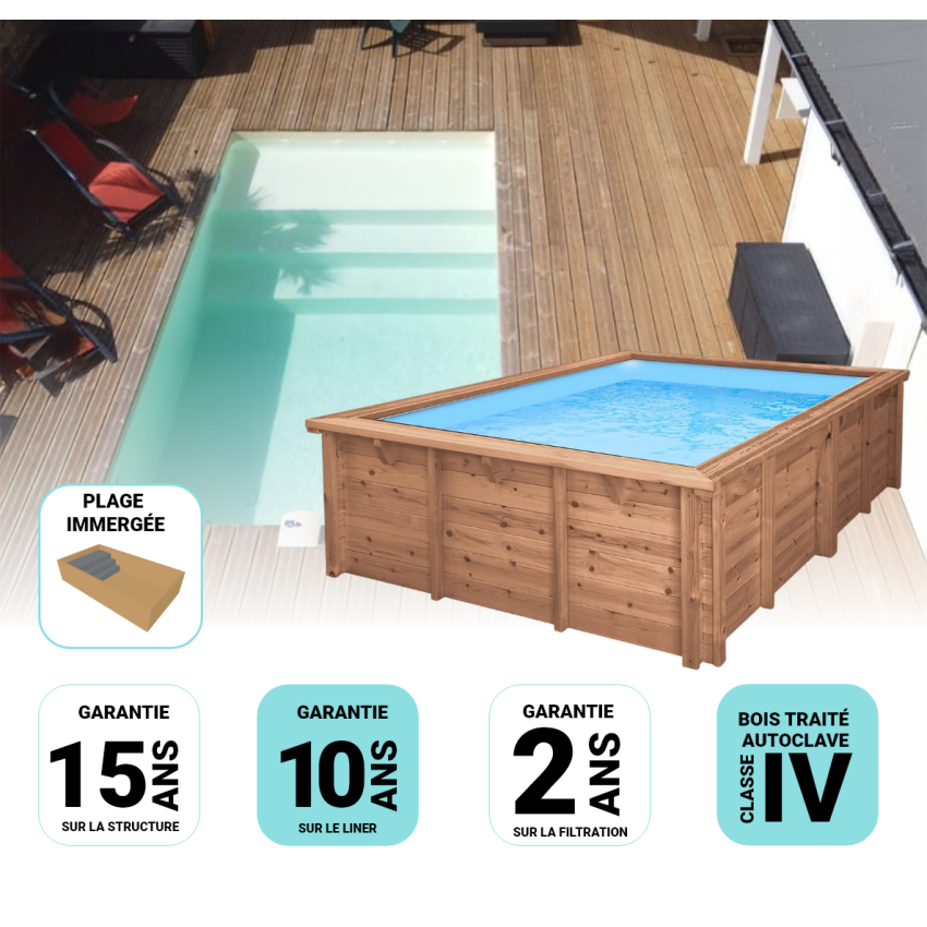 Piscine Bois Luxe Rectangulaire avec Plage immergée + Escalier 520x320x131cm