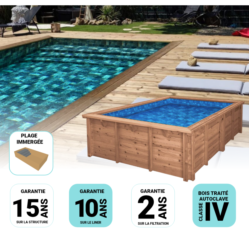 Piscine Bois Lenny Rectangulaire avec Plage Immergée  + Escalier 720x400x145cm Pierre de Bali