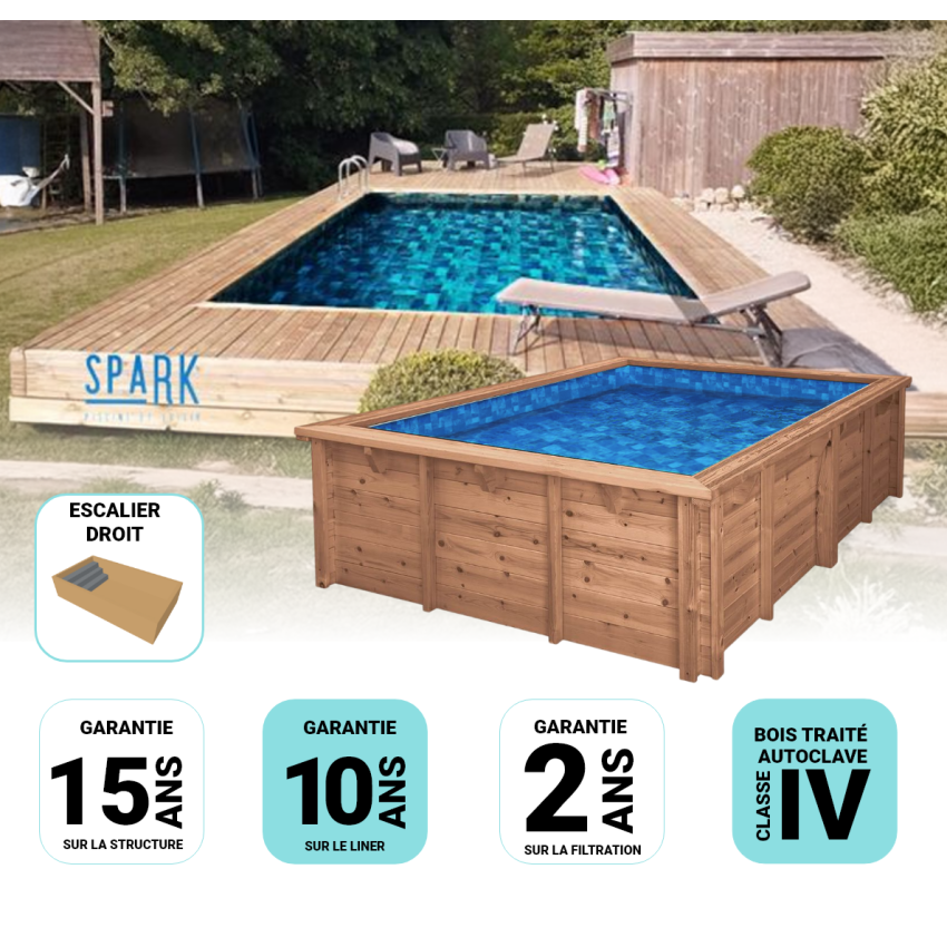 Piscine bois Lenny Rectangulaire avec Escalier 720x400x145cm Pierre de Bali