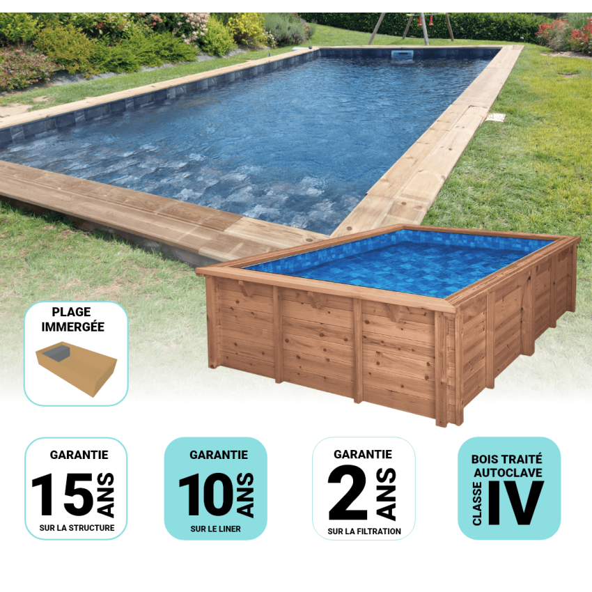Piscine Bois Lenny Rectangulaire avec Plage Immergée 720x400x145cm Pierre de Bali