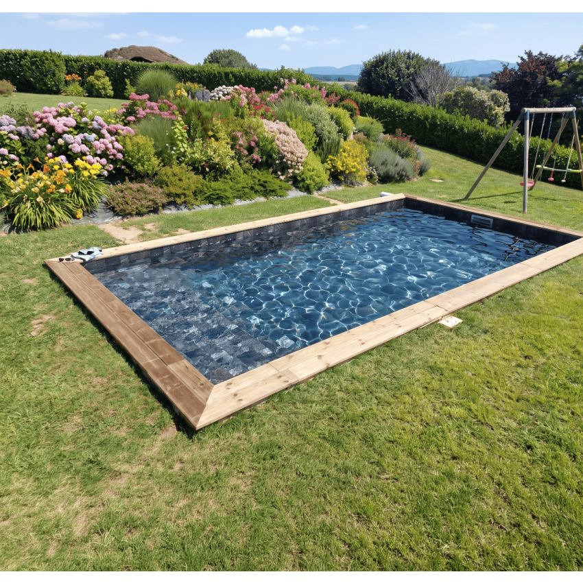 Piscine Bois Lenny Rectangulaire avec Plage Immergée 720x400x145cm Pierre de Bali