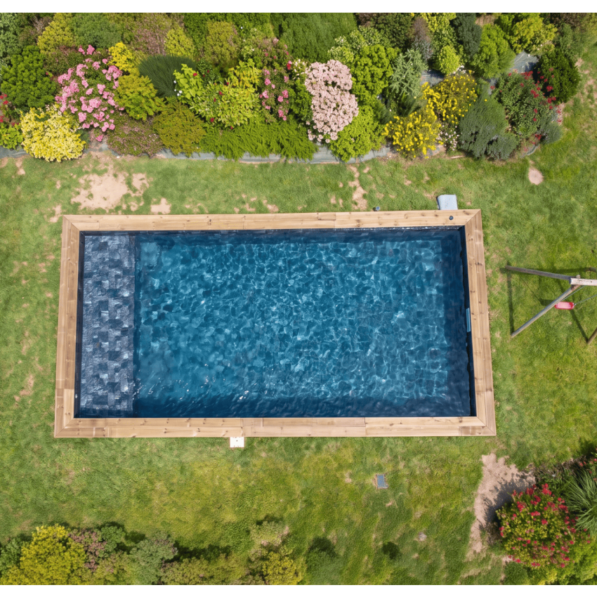 Piscine Bois Lenny Rectangulaire avec Plage Immergée 720x400x145cm Pierre de Bali