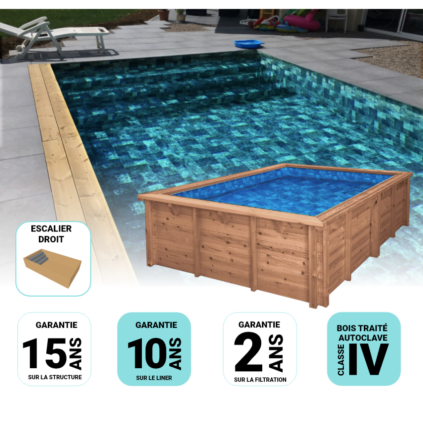 Piscine Bois DIANA Rectangulaire avec Escalier 820x420x145cm Pierre de Bali