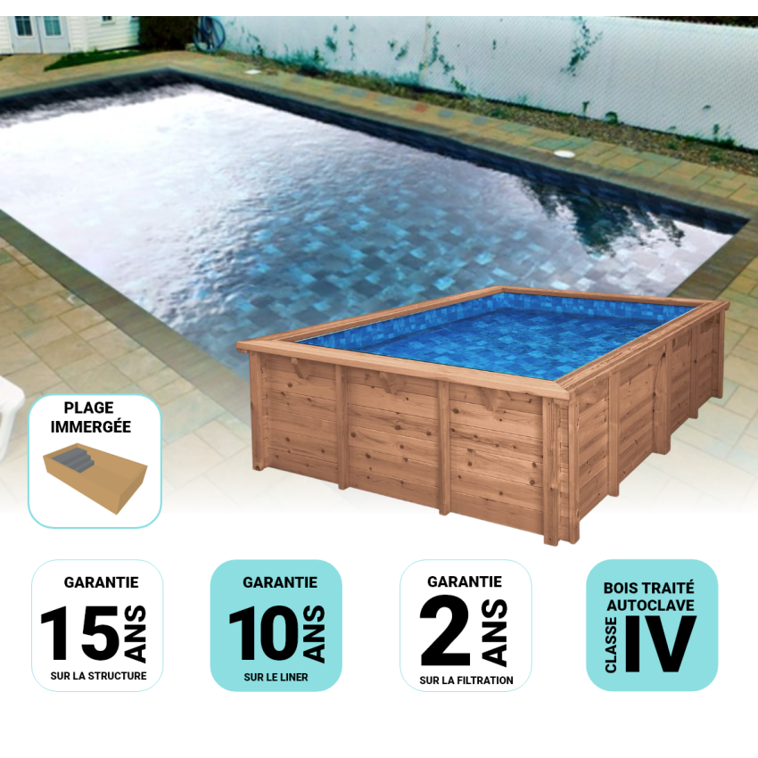 Piscine Bois Diana Rectangulaire avec Plage Immergée + Escalier 820x420x145cm Pierre de Bali