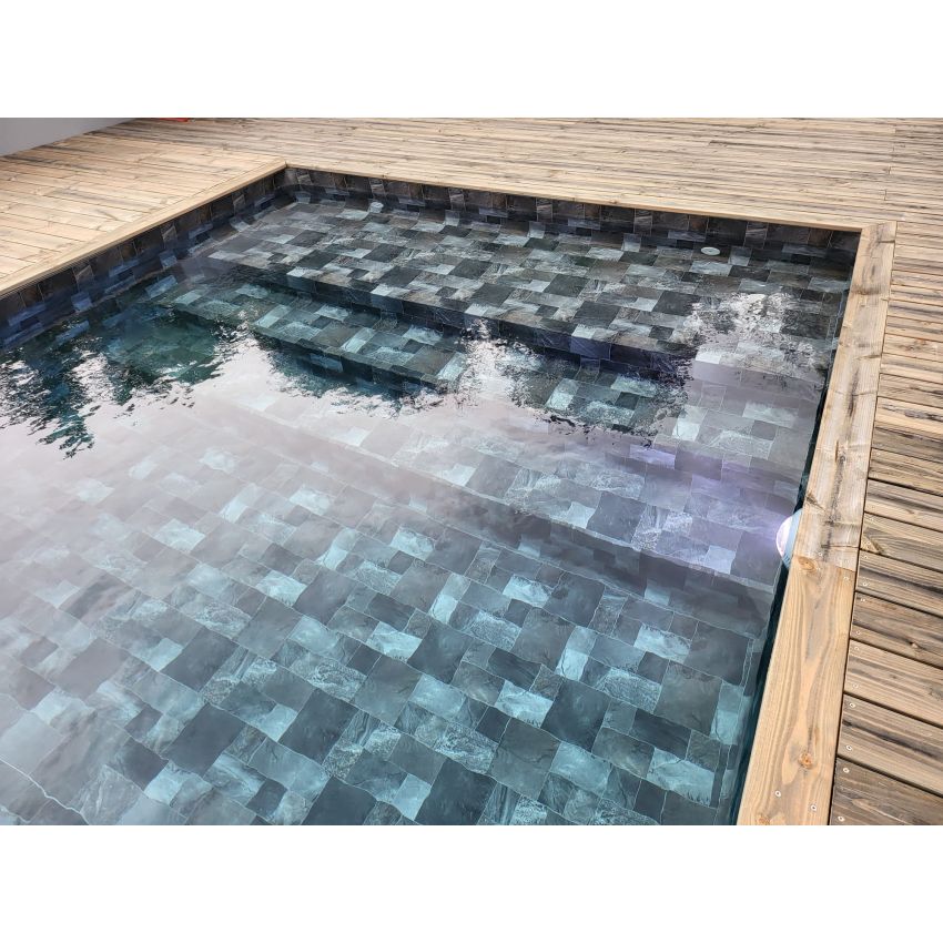 Piscine Bois Rebecca Rectangulaire avec Plage Immergée + Escalier 920x420x145cm Pierre de Bali